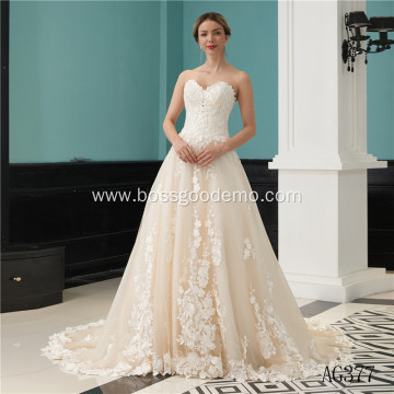 Luxury simple a-line soft satin neckline lace beaded champaigne color sexy plus size a-line wedding dresses